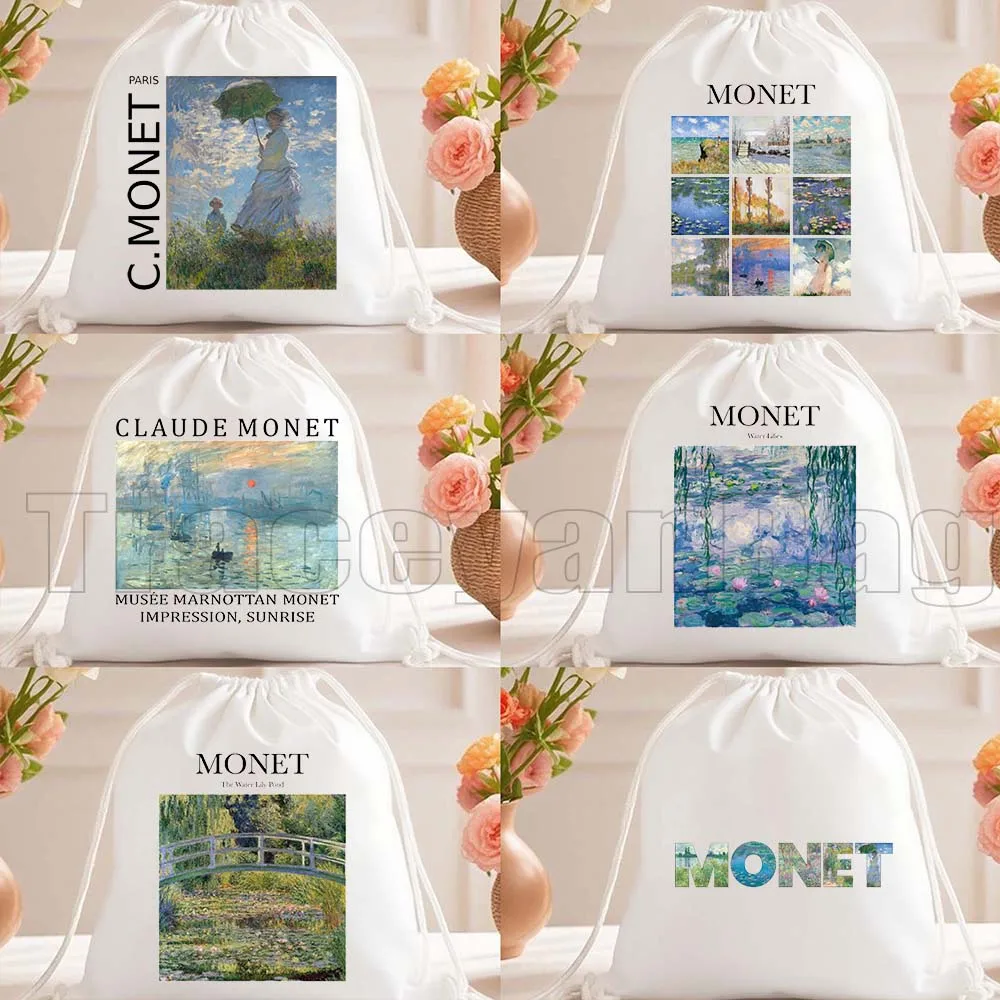

Retro Monet Claude Monet Water Lilies Sunrise Painting Woman Girl Cute Gifts Drawstring Soccer Backpack Gym Sackpack String Bag