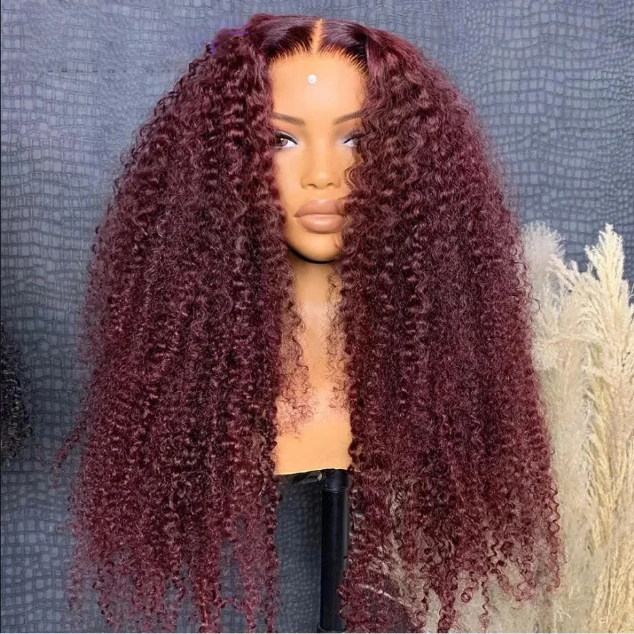 Kinky Curly Burgundy Wine Red Synthetic Hair Lace Front Wigs For Women Pre Plucked Cosplay Party  With Baby Hair Frontal Wigs