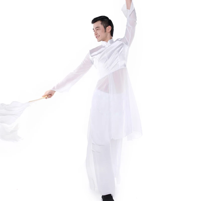 Heren Satijn Klassieke Danskleding Retro Opstaande Kraag Lange Mouw Chiffon Performance Kostuum Taiji Kungfu Praktijk Latin Uniform