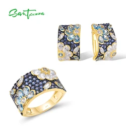 SANTUZZA 925 Sterling Silver Jewelry Set For Women Black/Blue /Red Spinel Colorful Flower Earrings Ring Wedding Fine Jewelry