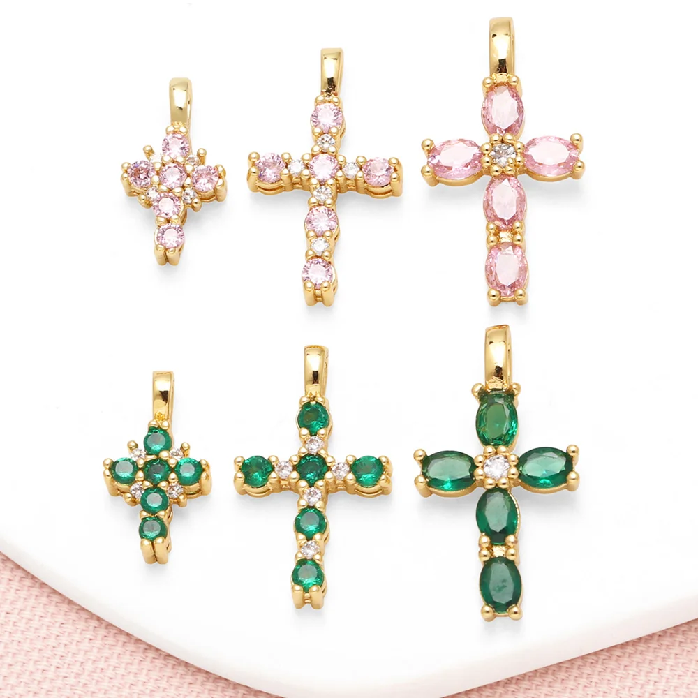 

OCESRIO Pink Green Crystal Cross Pendant for Necklace Copper Gold Plated Crucifix Handmade Jewelry Making Supplies pdtb840