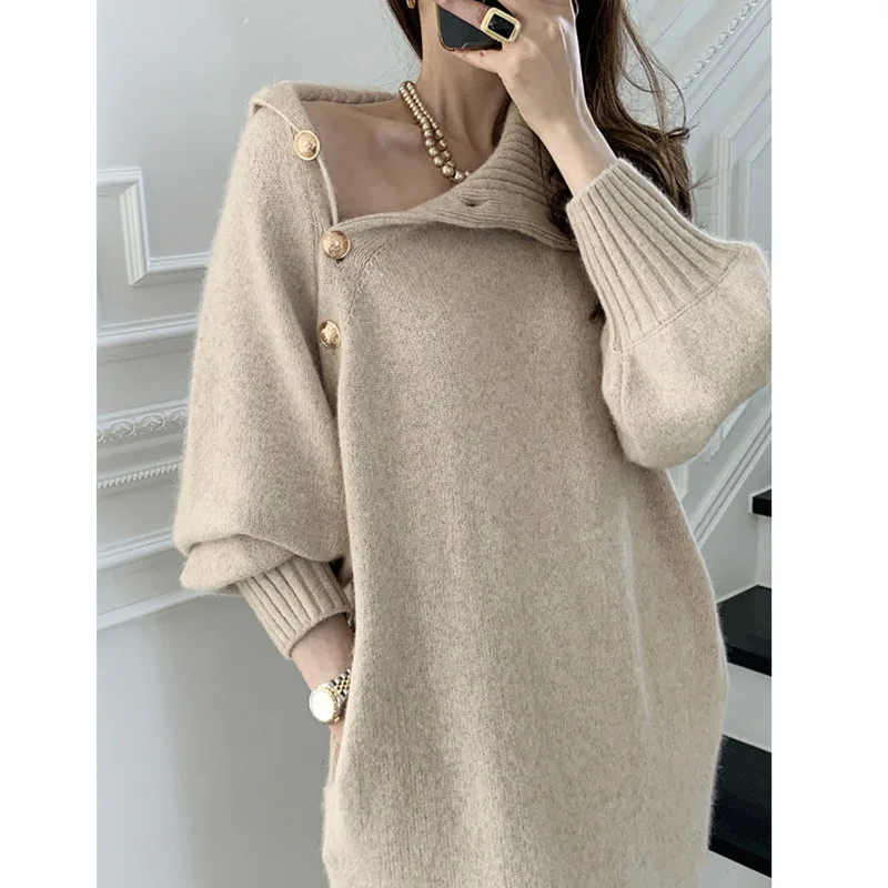 Turtleneck Buttons Lace-up Autumn Winter Elegant Dresses for Women Robe Sweater Maxi Dress Female Thick Knitted One-piece Dress