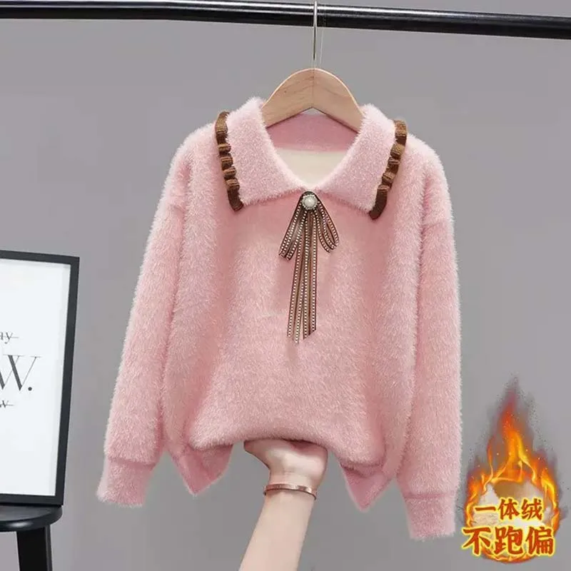 4-14 Jahre Winter Mädchen Pullover Pullover warme Teenager Kinder Kleidung gestrickte Nerz Pullover Bogen Prinzessin Kinder Kleidung Strickwaren