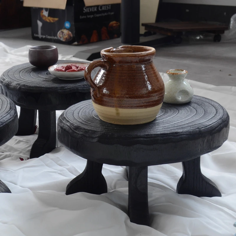 

Wabi-Sabi Aesthetic Tea Tray Charred Wood Coffee Tables Multi-Functional Log Stool & Plant Stand Black Organic Zen Decoration