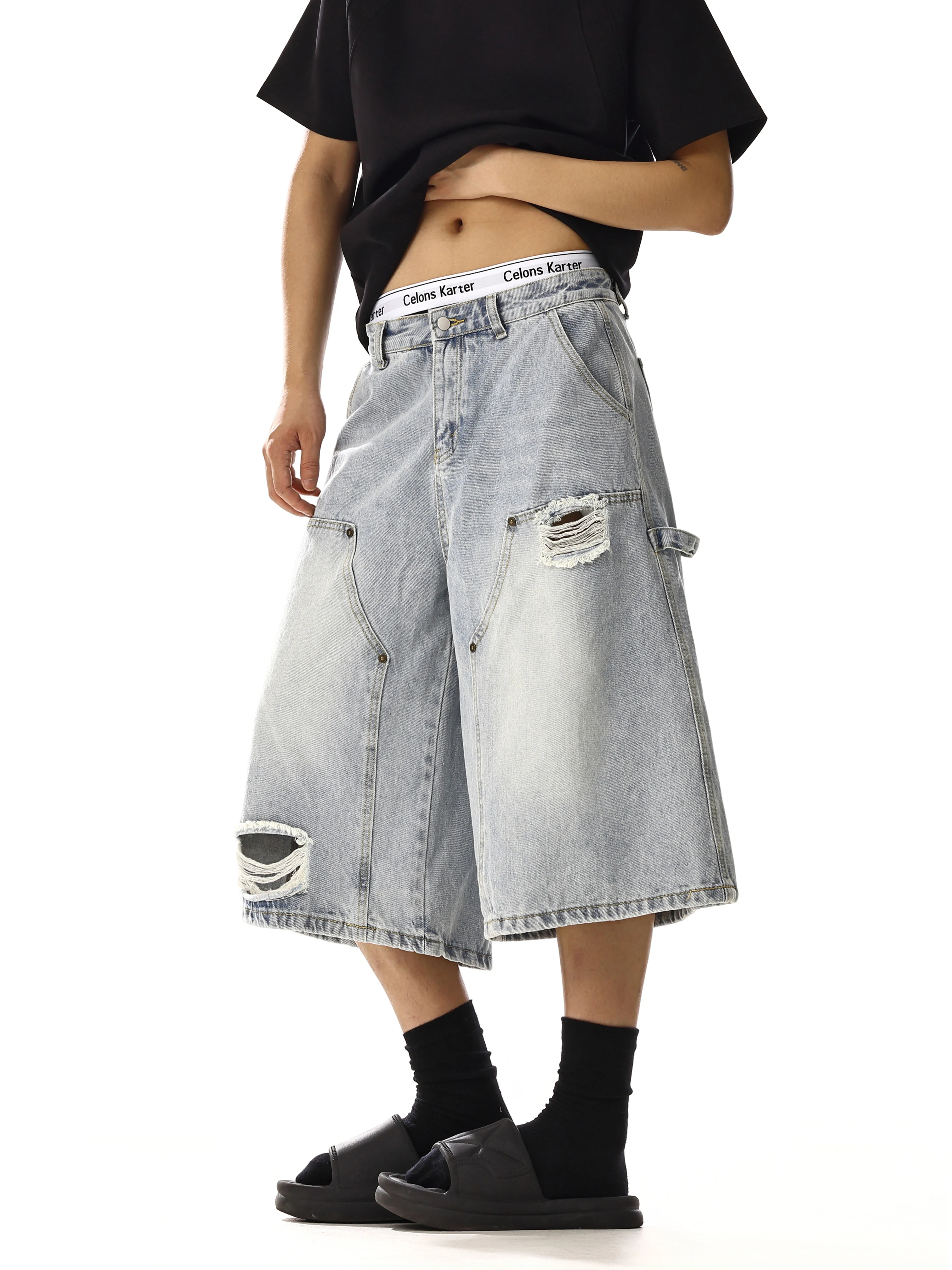 

American Retro Straight Leg Loose Workwear Seven-Foot Pants Unisex Large Pocket Versatile Casual Wide-Leg Shorts