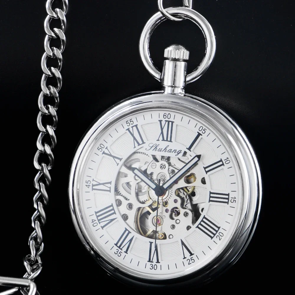 Luxury New Mechanic Watch Men Automatic Self Winding Pocket Watch Silver Simple Open Face Chain Pendant with Roman Number