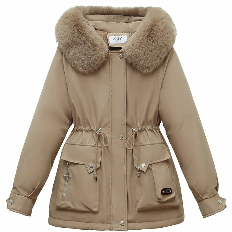 Gewatteerde wollen voering parka met capuchon voor dames, jas met bontkraag, warme sneeuwkleding, winterkleding, modejas, nieuw, 2024