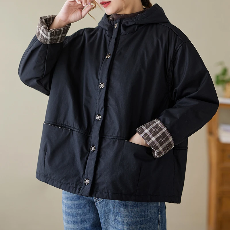 Double Layered Hooded Cotton Jacket Warm Plaid Insert Thickened Winter Fashion Casual Style Youth Men's Outerwear Coat