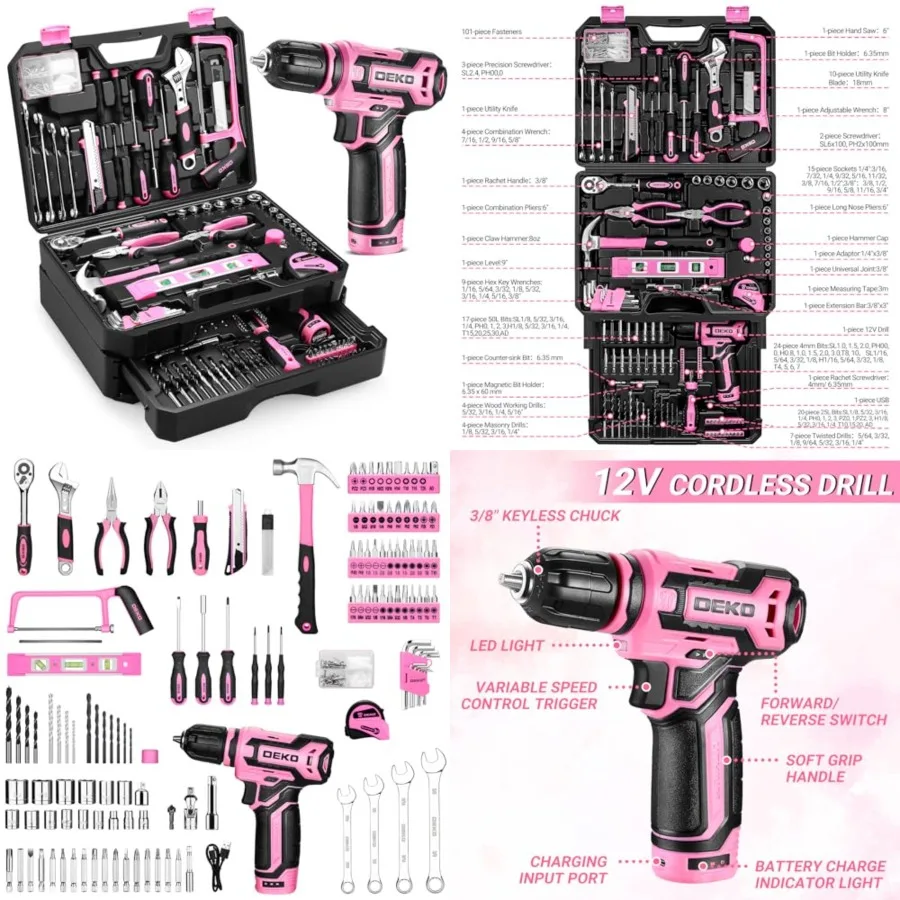 

Pink Tool Kit Box Drill Set：Home Mechanic Toolbox with 12V Power Cordless Drill Hand Repair Tools Sets Combo Kits Storage Organizer Drawer Case for Men & Women