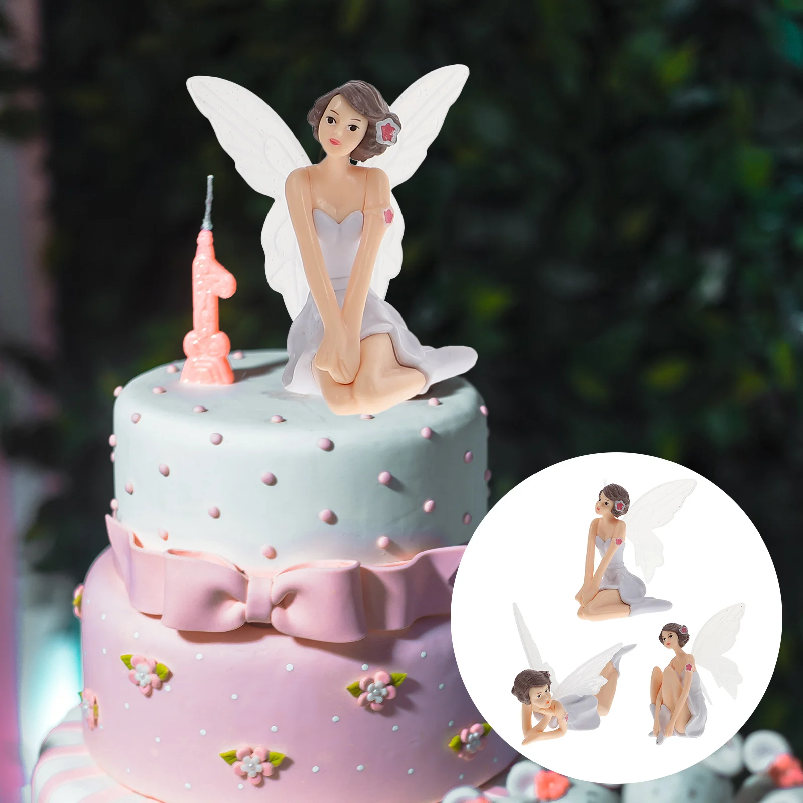 

3 Pcs White Wings Figurine Decorations Miniature Cake Toppers Baking Ornament Desktop Car Accessories Flower Fairy Party