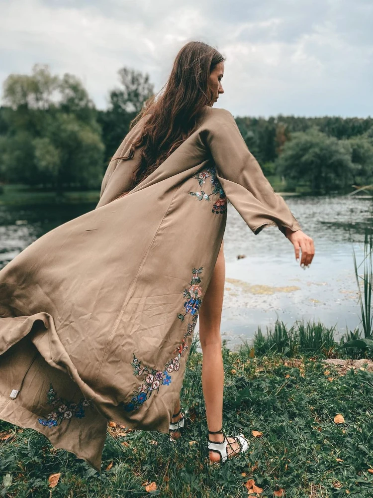 Haftowany Kaftan i tunika na plażę okrycie plażowe strój kąpielowy Saida De Praia kobiety osłona do Bikini Pareo Sarong plażowe # Q882