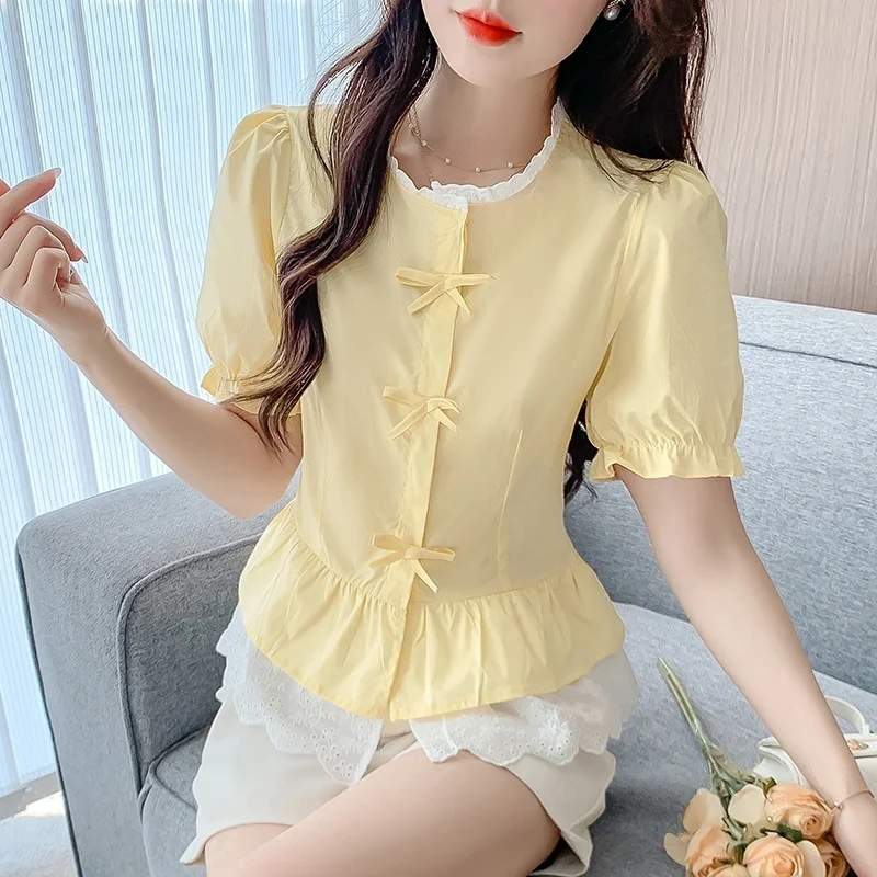 

​ Минималистичная корейская блузка с милым бантом, элегантный топ для женщин, новинка лета 2026, потрясающая модель ​