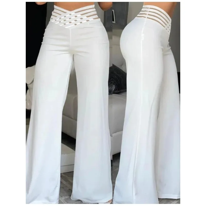 

2024 Elegant High Waist Flared Women Pants Office Casual Crisscross Sheer Mesh Patch Mesh Patch Casual Trousers Women Clothes