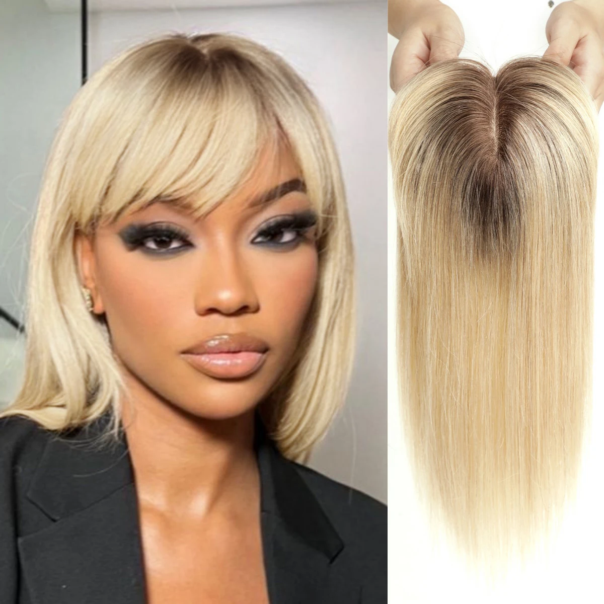 

14-дюймовый коричневый-русый омбре, 100% человеческие волосы Remy, заколка на шелковой основе для женщин, наращивание волос с темными корнями сверху