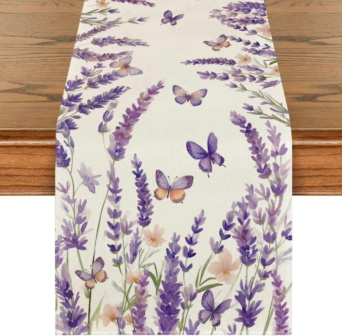 Spring Purple Lavender Print Table Runner, Reusable, Farmhouse Kitchen Dining Table Wedding Celebration Table Runner