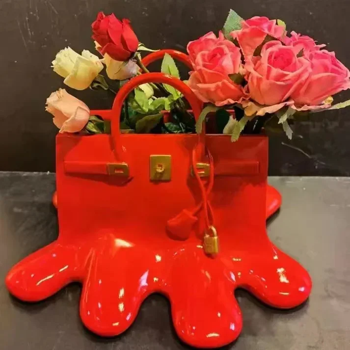 Custom resin creative handmade birkin flower pot handbag shape vase resin melting lola bag flower vase