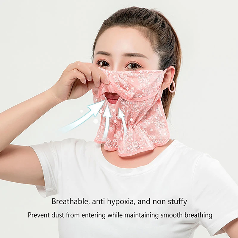 Women Summer Outdoor Cycling Floral Wind Sand Veil Opening Dust Mask Breathable Neck Protection Sunscreen Lace Face Cover