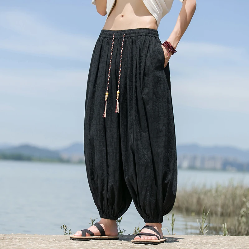 

Мужские летние брюки-харланы из хлопка и льна, укороченные, свободного кроя, повседневные, дышащие, тонкие, модные