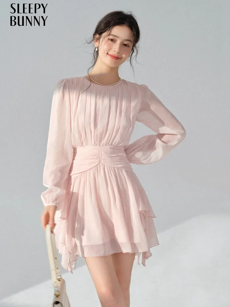 

Pink Chiffon Dress for Women Long Sleeve Midi Dress Ruffle Hem Elegant French Waist Slimming Outfit Soft Feminine Autumn Fashion