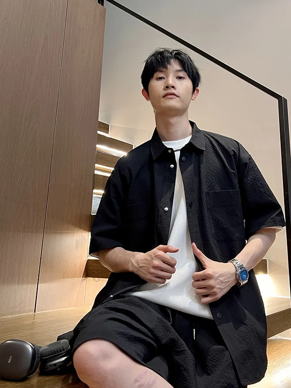 Cool Handsome Boys Summer Outfit Set High-End Bubble Cloth Short Sleeve Shirt Shorts Combo Casual Sportswear Teenagers