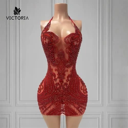 Backless Red Rhinestone Prom Dresses 2024 Luxury Gown Halter Party Dresses Mermaid Formal Occasion Dresses Sheer Mesh Customized