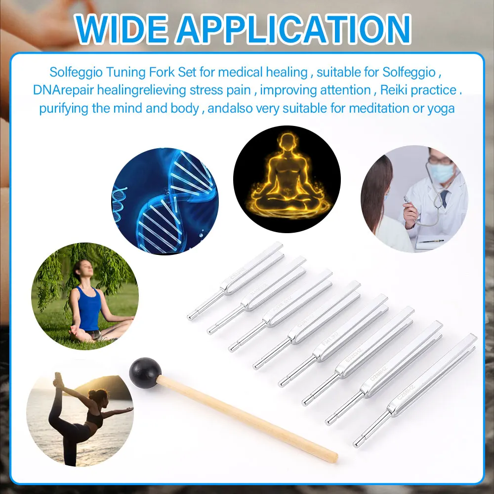 8Pcs 256-512HZ Steel Tuning Fork Set Health Physics Vibration Medical Diagnostic + Mallet Vibration Healing Therapy Medical Tool