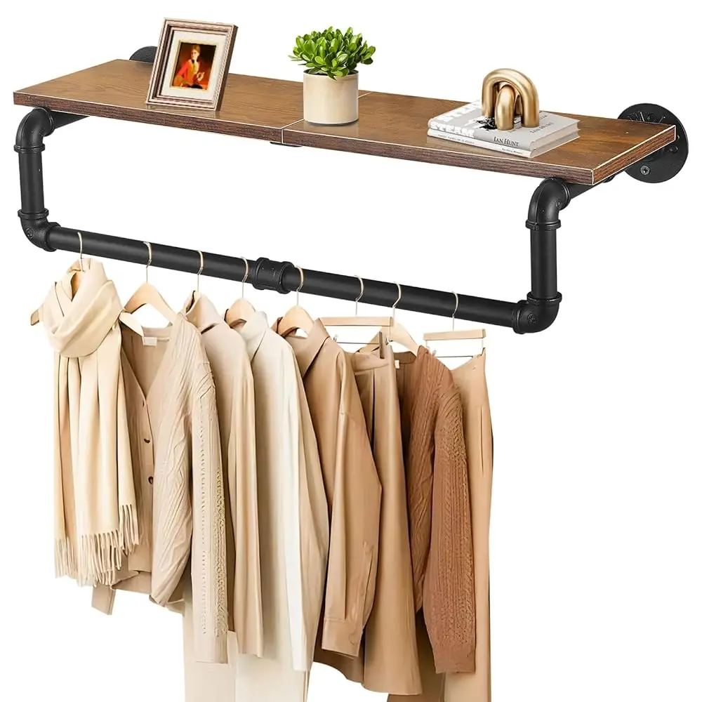 

Industrial Pipe Clothing Ra With Top Shelf, Closet Poles For Hanging Clothes, Heavy Duty Iron Garment Racks Wall Mounted,