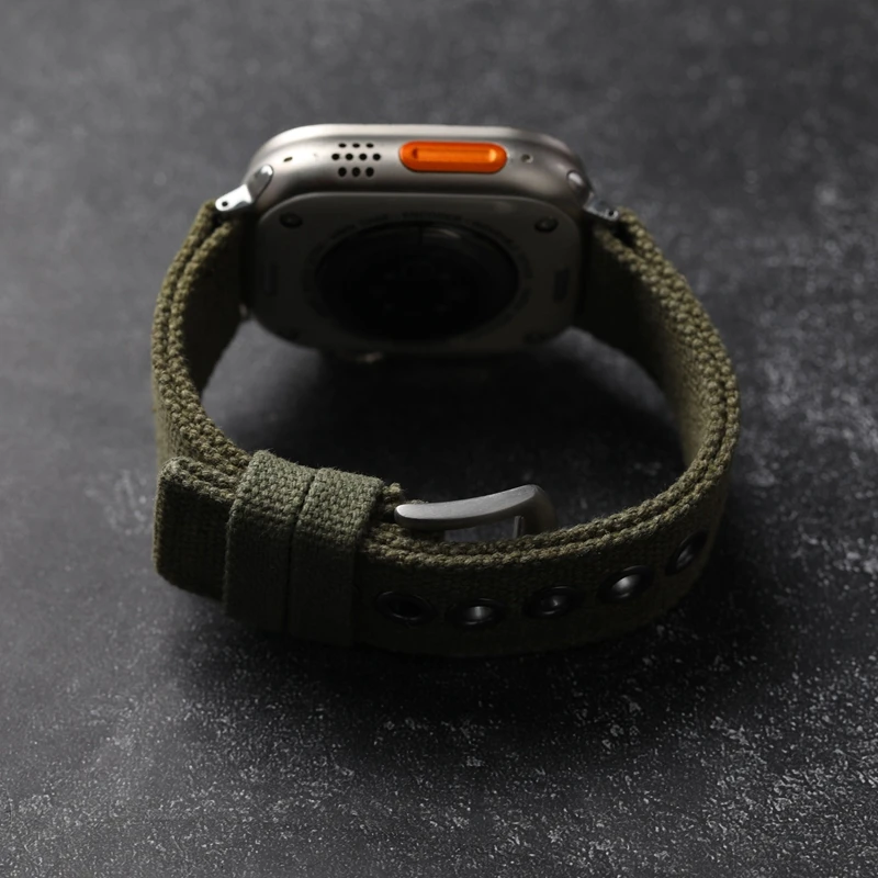 Double Canvas For Apple Watch Ultra Strap  49MM 45MM 44MM Thickened Green Black Men Rugged Style Bracelet