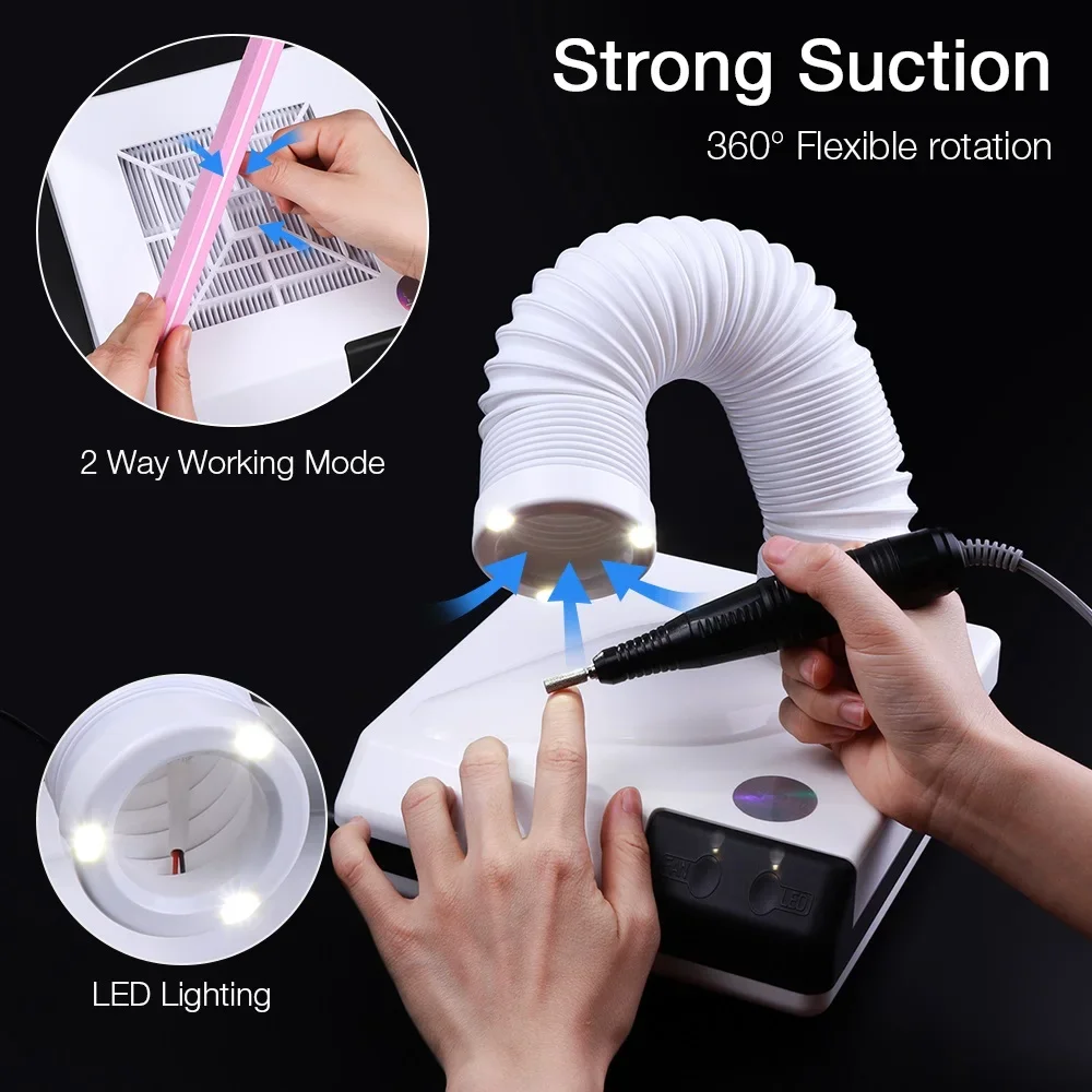 2025 New 60W Double Use Nail Dust Collector Retractable Elbow Design Nail Dust Extractor Fan Nail Vacuum Cleaner With Tube