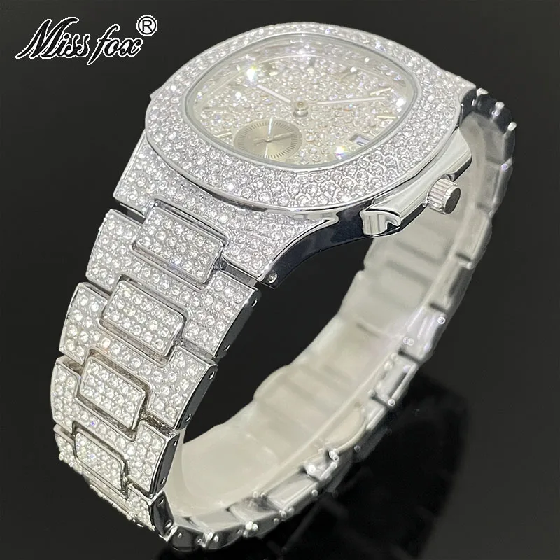 MISSFOX Luxury Watch Men For Iced Out Diamond Automatic Date Clocks Fashion Waterprof Quartz Wristwatch Male Free Shipping Reloj