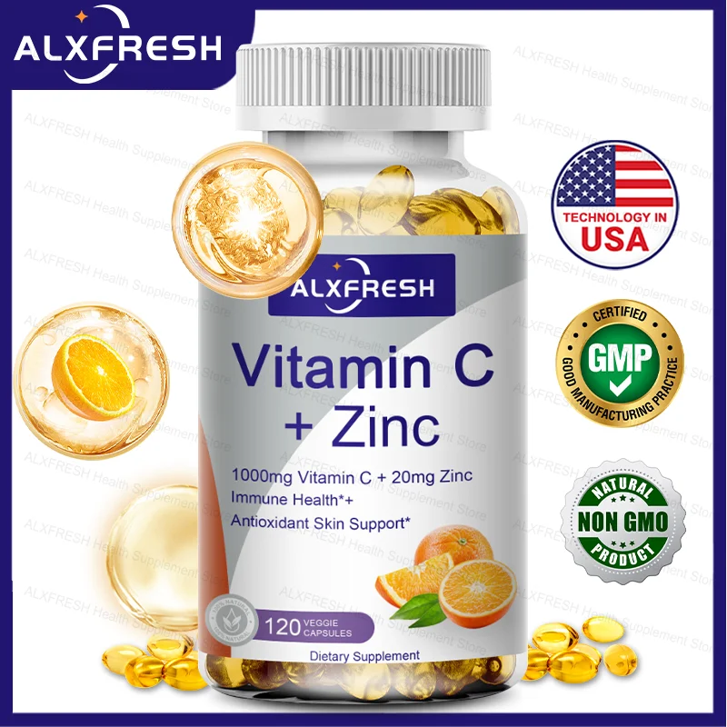 Vitamin C Zinc Capsules High Absorption for Immune System, Skin Health Vitamins Antioxidant Supplement