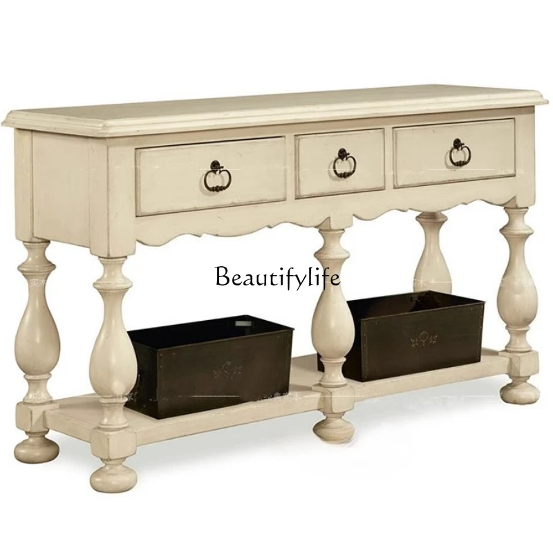 

American rural solid wood porch cabinet neoclassical post-modern ivory white old porch table