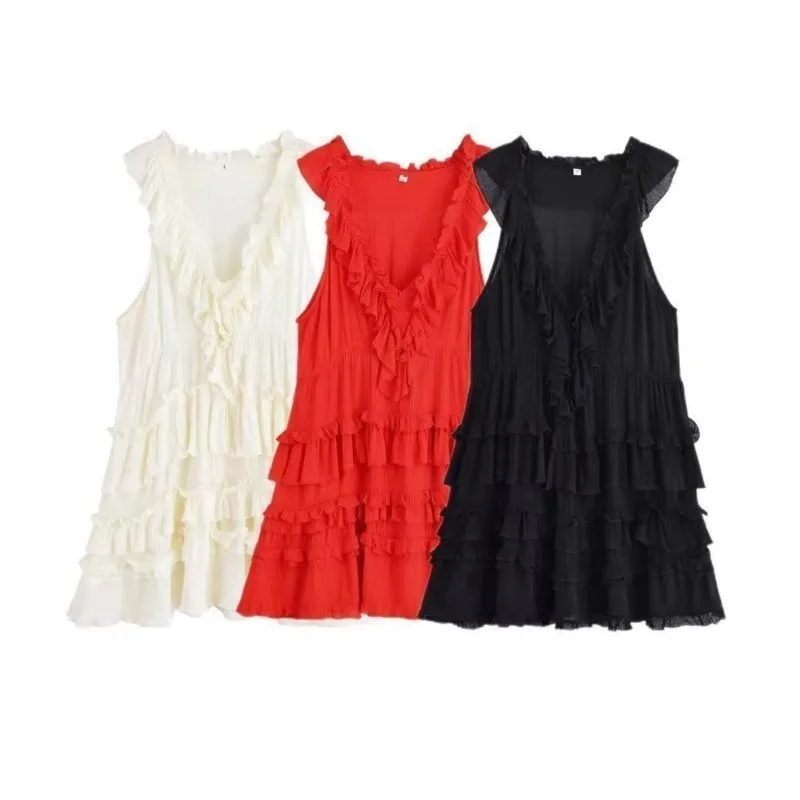 Elegante em camadas plissado vestido feminino 2025 novo verão solto sexy com decote em v sem mangas a linha mini vestidos de festa de férias vestido de noite