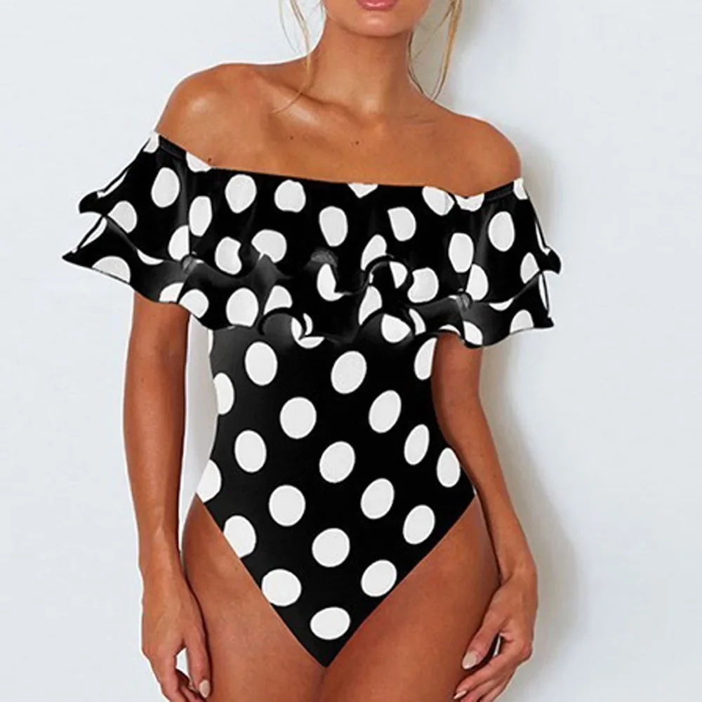 

Polka Dot Plus Size Swimsuit women One Piece Bandeau High Waist Bathing suit Ruffled Beach Swimwear Off Shoulder Monokini Bather