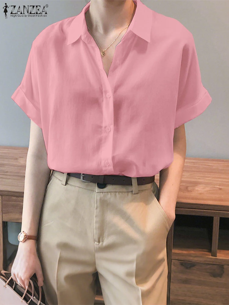 

Элегантная женская рубашка ZANZEA, летняя блузка 2024, стильная туника с лацканами и короткими рукавами, топы, повседневные однотонные блузки на пуговицах, оверсайз