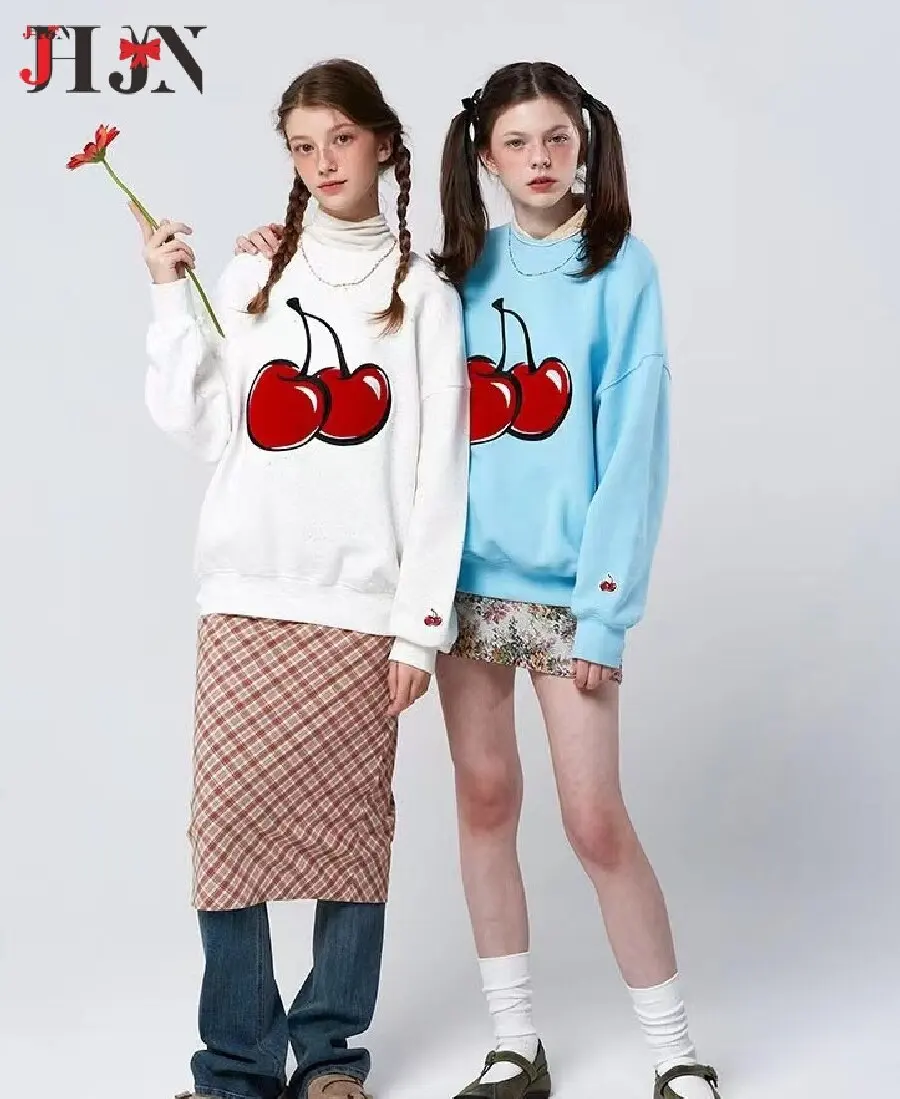 

2024 Tide Big Cherry Girly, разноцветный свитшот с нашивками, женский хлопковый свободный махровый пуловер с круглым вырезом, топы, женская одежда