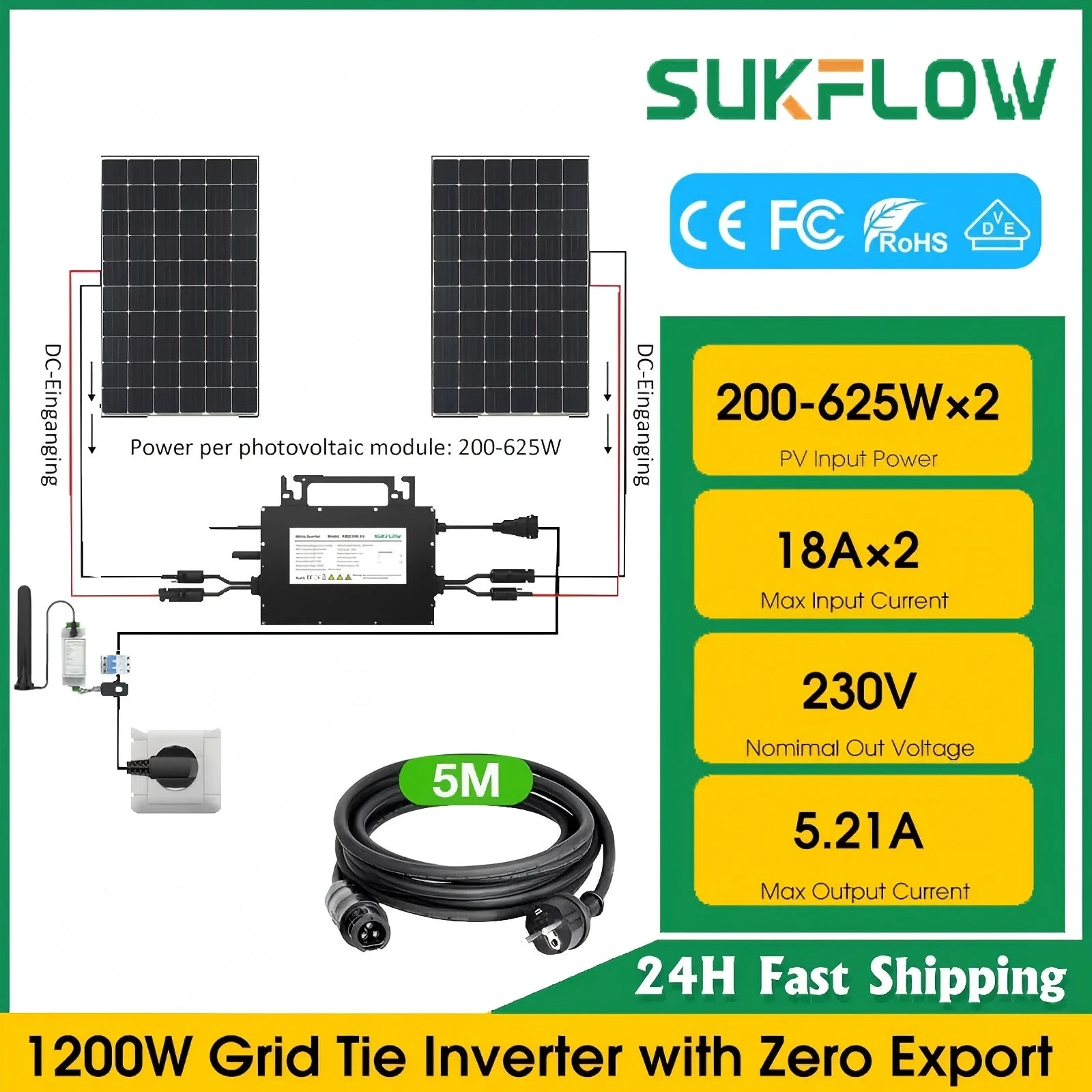2026 Neuester Zero-Export Anti-Rückfluss 1200W Mikro-Wechselrichter SUKFLOW Home Limited Netzgekoppelter Solar-Mikrowechselrichter VDE4105 mit WiFi-App-Kompatibilität für einfache Überwachung und