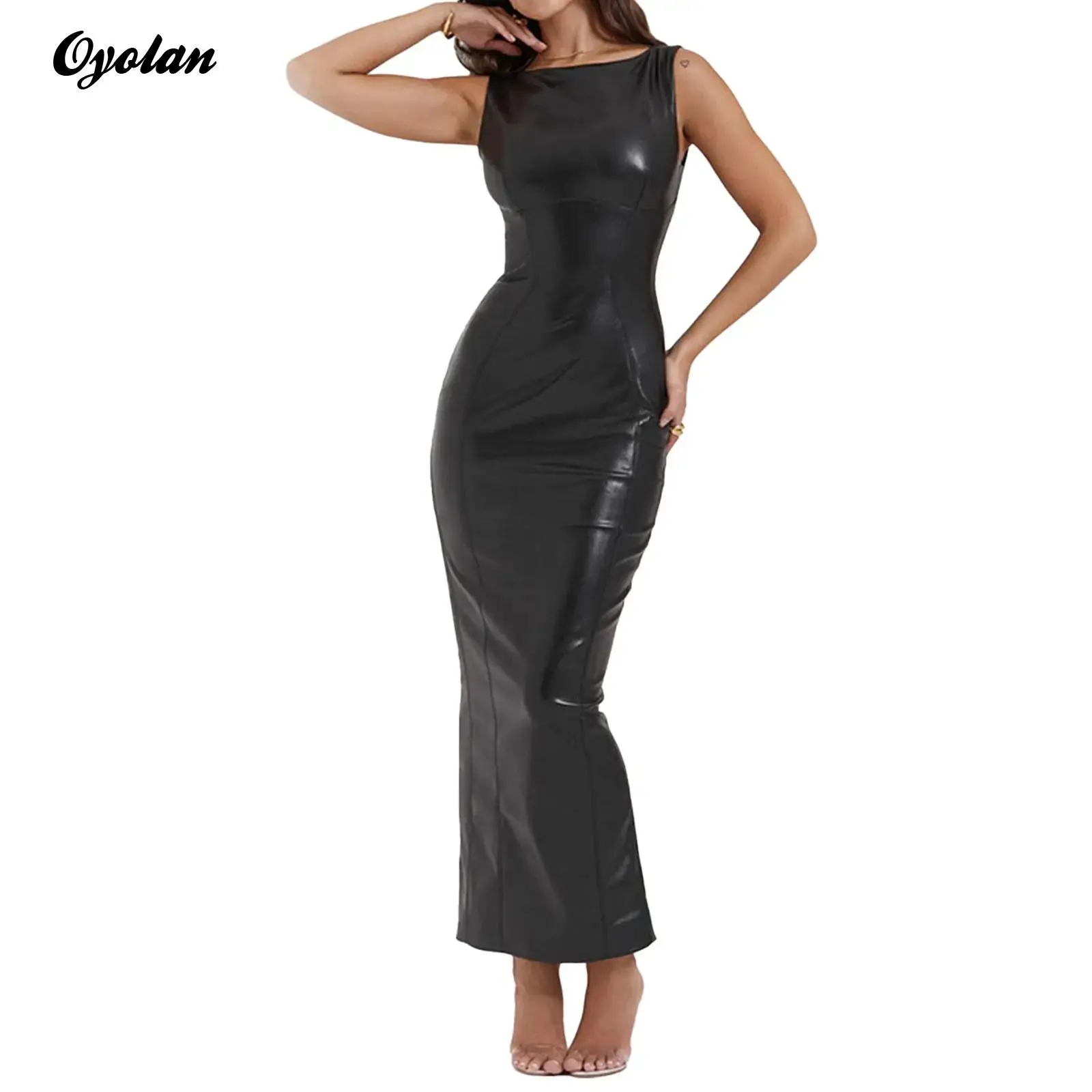 

Womens PU Leather Bodycon Dress Sleeveless High Waist Back Split Dress Hip Wrap Ankle Length Dress for Club Cocktail Evenings