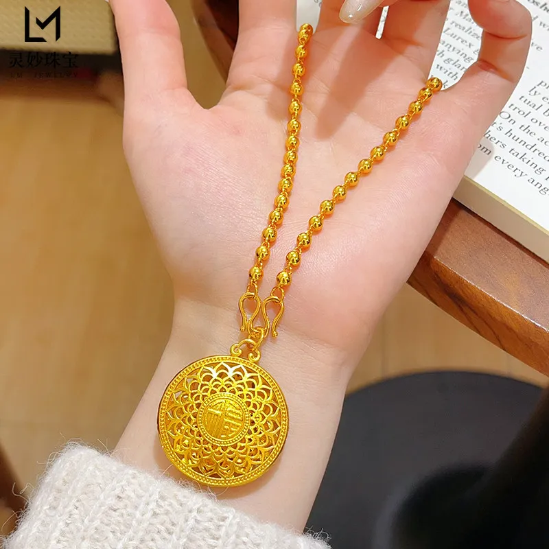 

Драгоценный женский кулон из 24-каратного золота AU999 - Золотой кулон-компас «Восемь сокровищ» 24K, полый, с бусиной, идеальный подарок к празднику