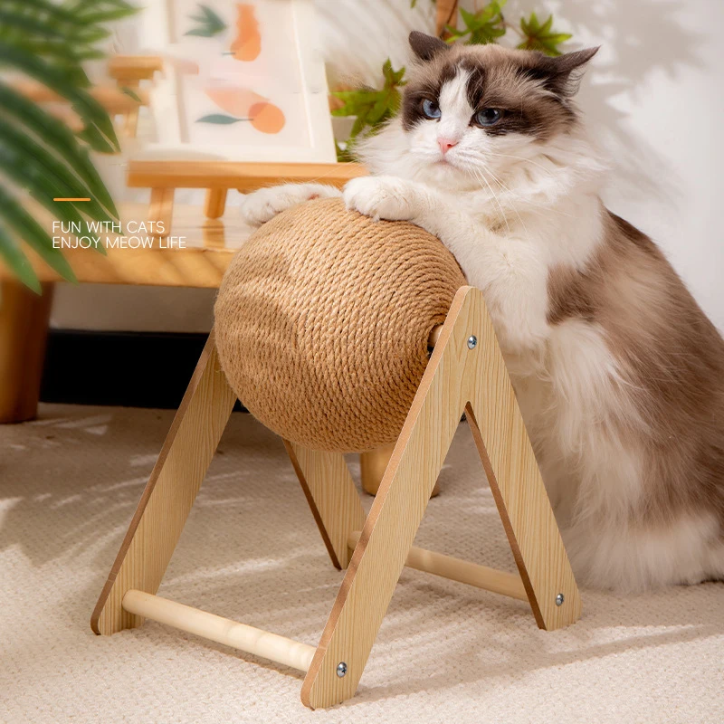 

Stable Wooden Triangular Base Cat Scratching Ball Sisal Rope Wear-resistant Grinding Paws Cat Scratcher Indoor Kitten Toys