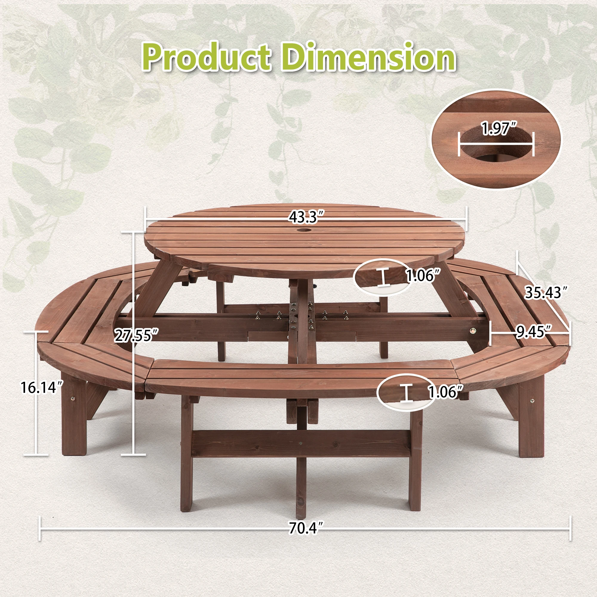 Solid Wood Round Outdoor Picnic Table Set  with Fully Enclosed Built-in Curved Benches, Outdoor Patio Dining Furniture Equipped with Umbrella Hole for Yard Lawn Garden Barbecue Gathering