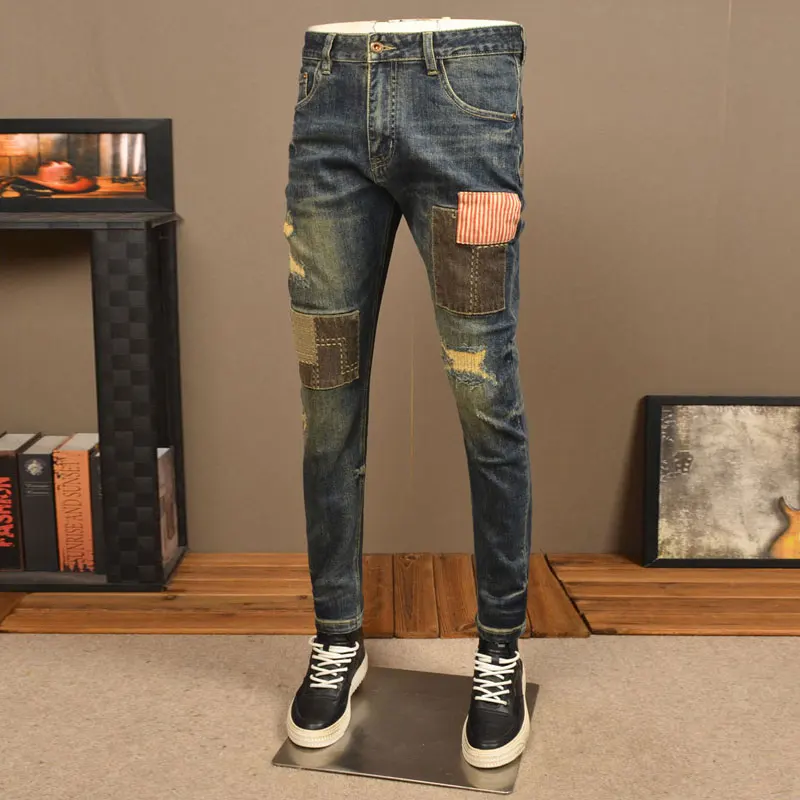 Street Fashion Men Jeans Retro Washed Blue Elastic Slim Fit Vintage Ripped Jeans Men Patch Designer Hip Hop Denim Pants Hombre