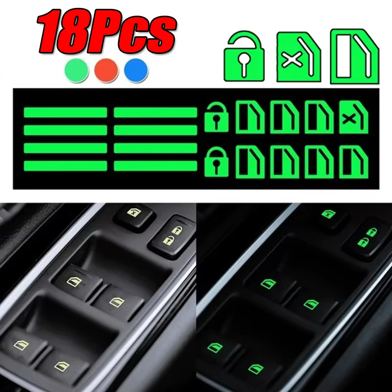 18Pcs/set Car Luminous Door Window Lift Button Stickers Car Windows Control Panel Decals Car Interior Sticker Auto Accessories