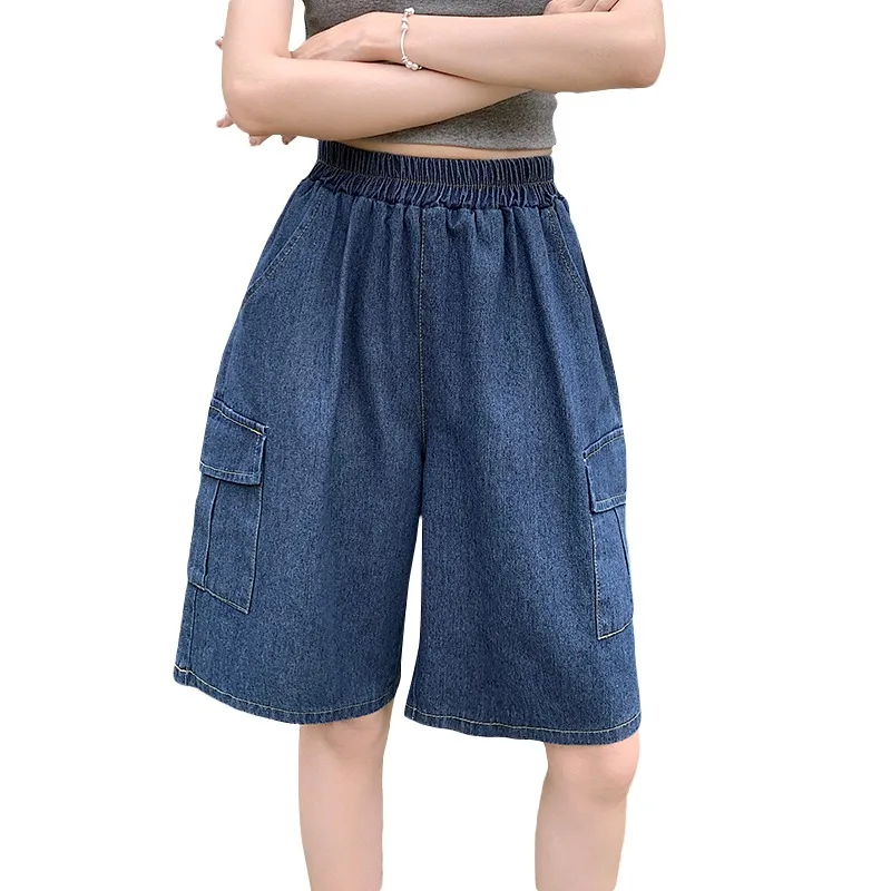 Retro Fashion Blue Denim High Waist Straight Loose New Pants Women's Summer Casual Holiday Versatile Five-point Pants Street