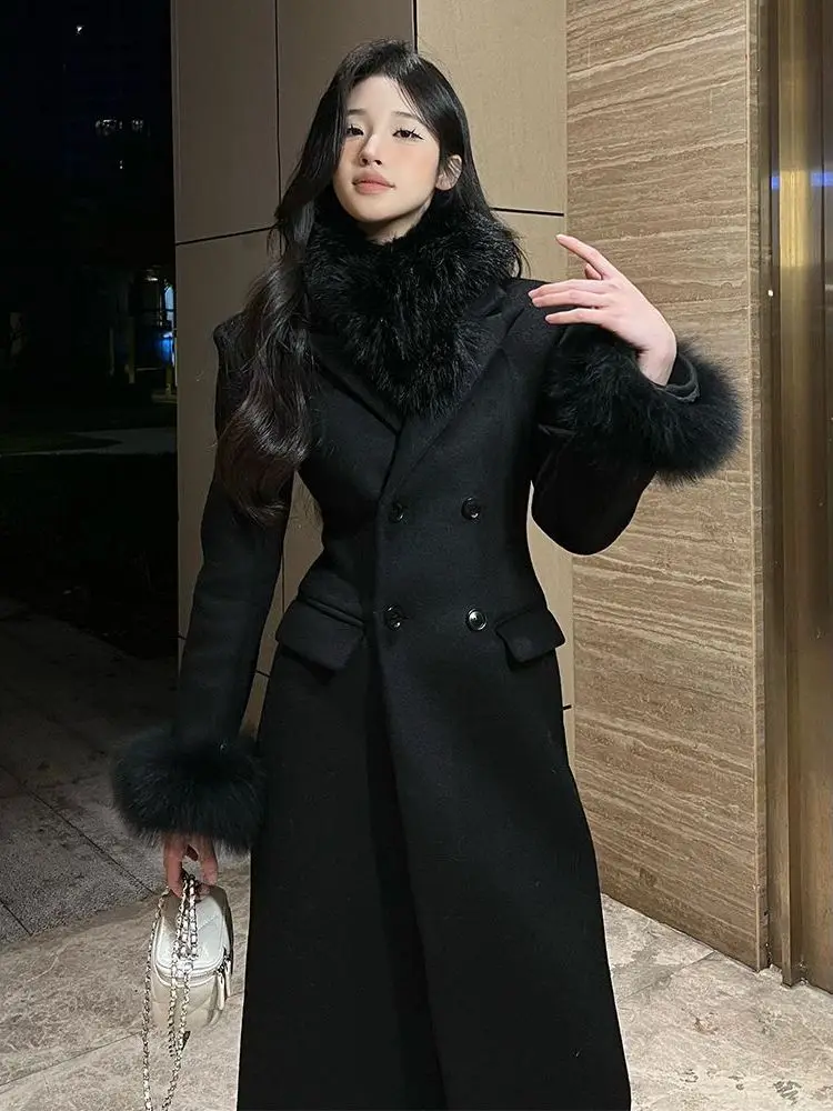 

Черное шерстяное пальто, женское длинное пальто в стиле пэчворк с мехом, зимнее новое пальто High Faion Sensation, корейская версия, пальто прямого кроя