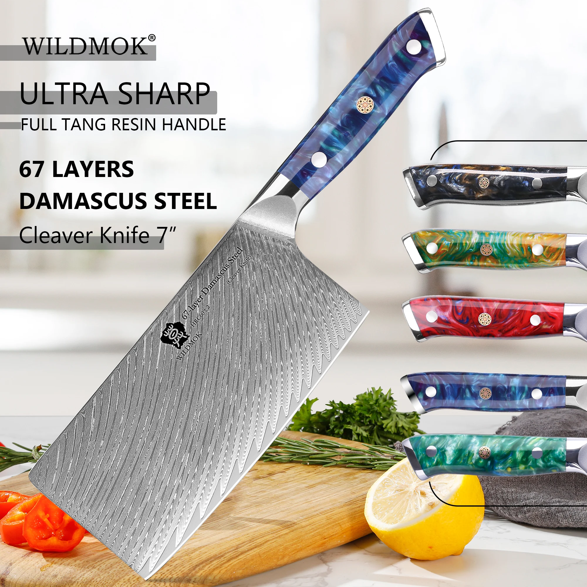 

WILDMOK Damascus VG10 Steel Core Blade -7" Meat Cleaver Knife Resin Handle, Heavy Duty Blade for Home Kitchen and Restaurant