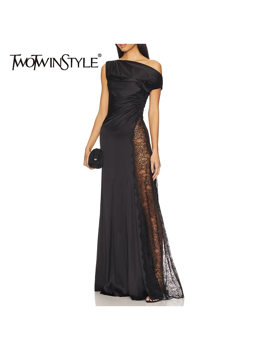 TWOTWINSTYLE الصلبة شير تقسم الدانتيل مثير فساتين طويلة للنساء قطري طوق بلا أكمام المرقعة فستان محكم الإناث جديد #1