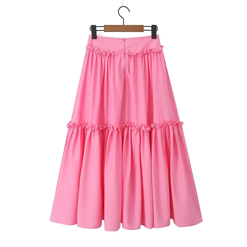 Summer Women Solid Back Zipper High Waist Ruffle Midi Skirts Holiday