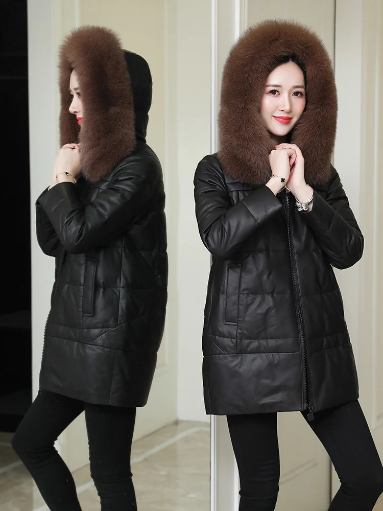 2023 New Real Sheepskin Leather Jacket Women 90% White Duck Down Women's Winter Jackets Fox Fur Collar Hooded Coat Fem