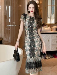 Elegant Birthday Party Dresses Women's Retro Lace Bubble Sleeve Single Breasted Pleated Skinny Fishtail Robe  Runway Vestido
